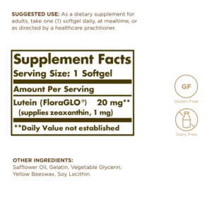 SOLGAR Lutein 20 mg - 60 Softgels, Pack of 2 - Eye Health - Gluten Free, Dairy Free - 120 Total Servings