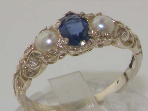 LetsBuyGold 925 Sterling Silver Natural Sapphire and Cultured Pearl Womens Promise Ring - Size 6.5