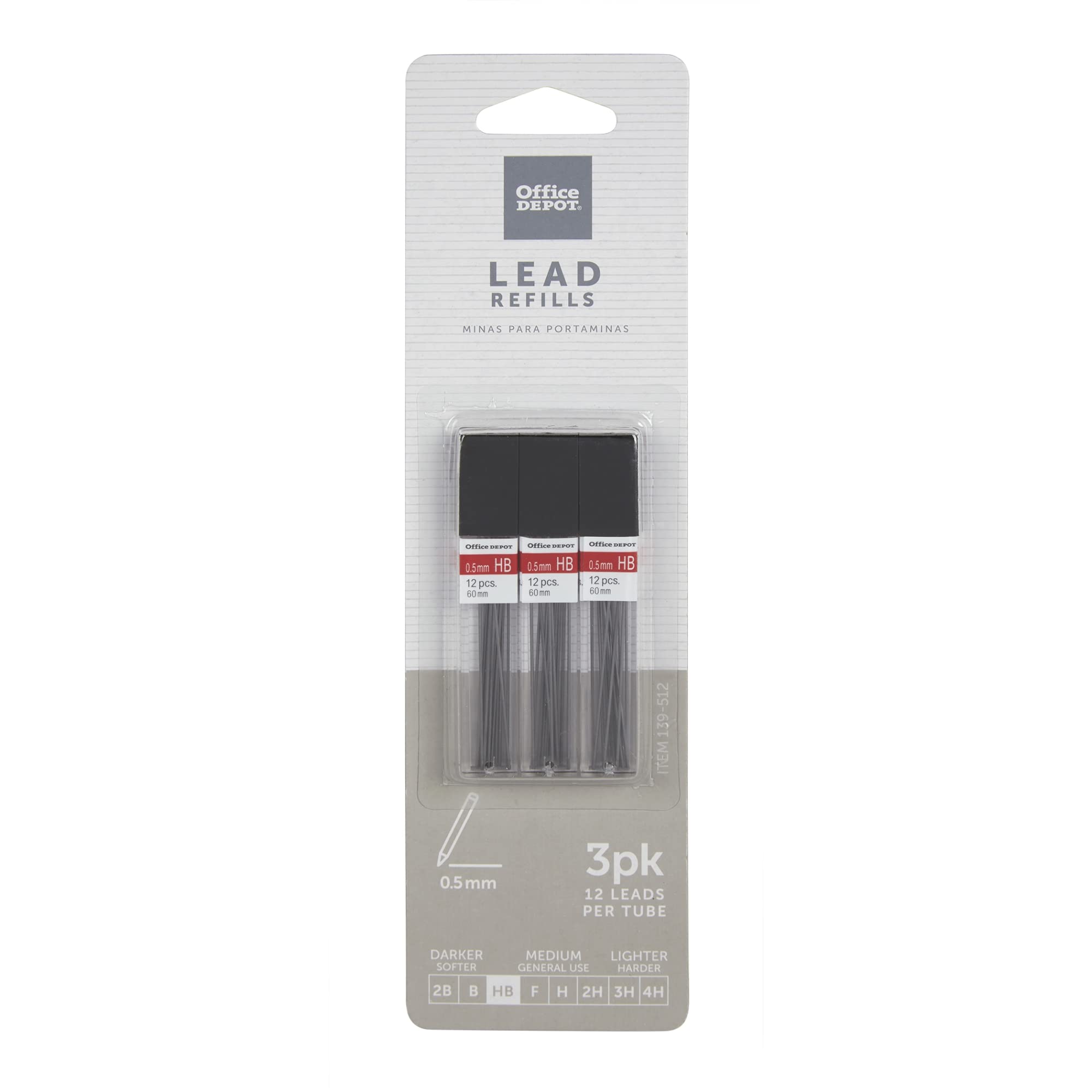 Office Depot Lead Refills, 0.5 mm, HB Hardness, Tube of 12 Leads, Pack of 3 Tubes