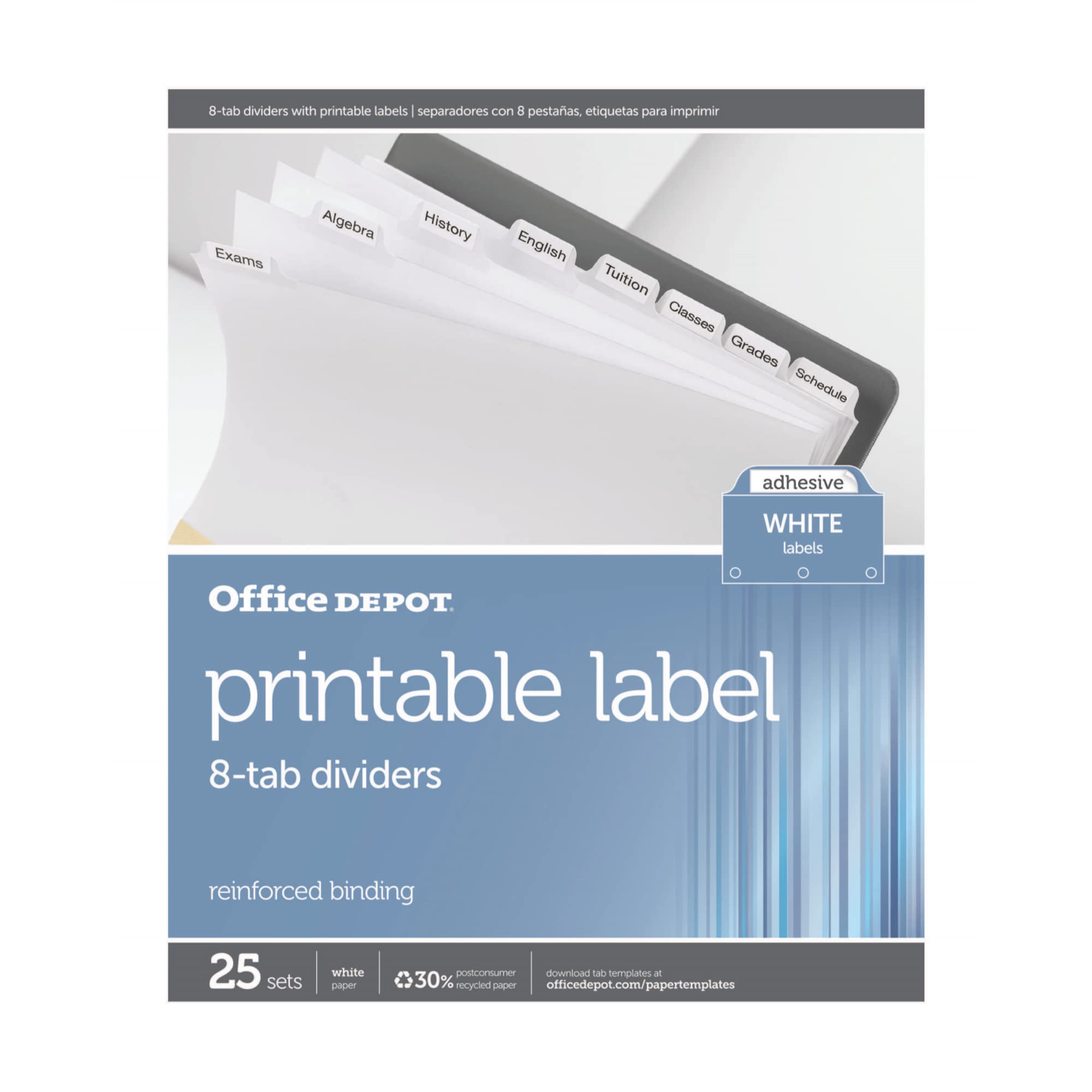 Office Depot Plain Dividers With Tabs And Labels, White, 8-Tab, Pack Of 25 Sets, 11354