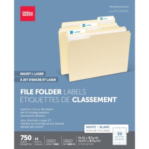 Office Depot White Permanent Inkjet/Laser File Folder Labels, 2/3in. x 3 7/16in., White, Pack of 750, 505-0004-0011