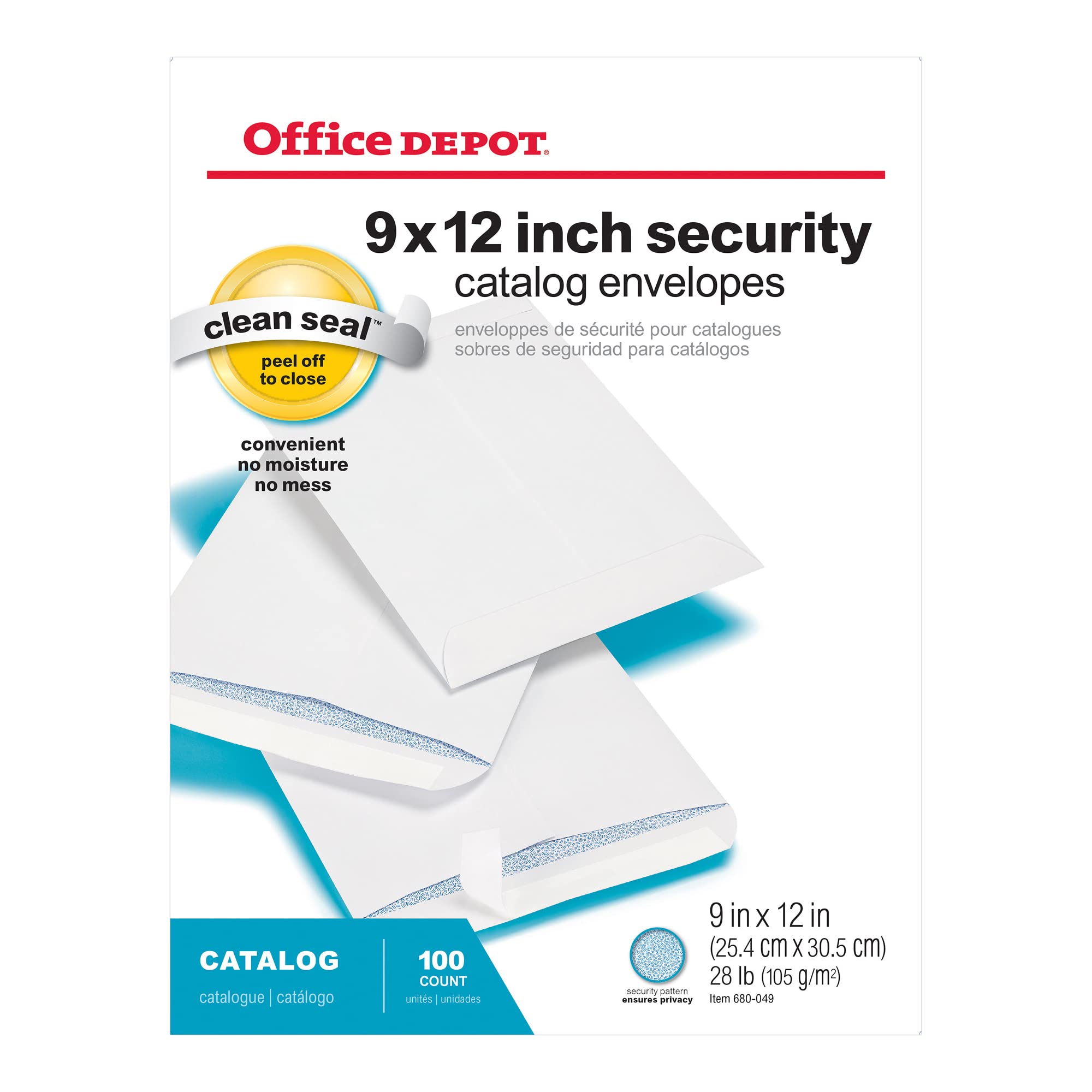 Office Depot Clean Seal(TM) Catalog Envelopes, 9in. x 12in., White With Security Tint, Pack Of 100, 77928