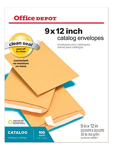 Office Depot Clean Seal(TM) Catalog Envelopes, 9in. x 12in., 20% Recycled, Brown, Pack Of 100, 77922