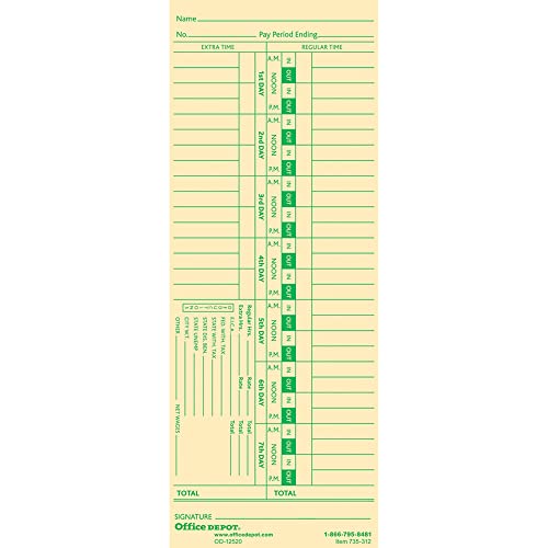 Office Depot Time Cards with Deductions, Weekly, Days 1-7, 1-Sided, 3 3/8in. x 8 7/8in., Manila, Pack of 100, GB-735312