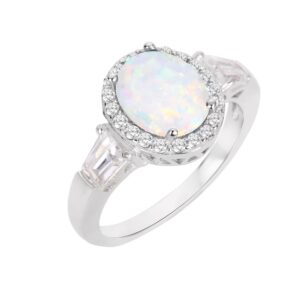 CloseoutWarehouse Oval Cubic Zirconia Halo Ring Sterling Silver (Comes in Colors) (White Simulated Opal, 6)