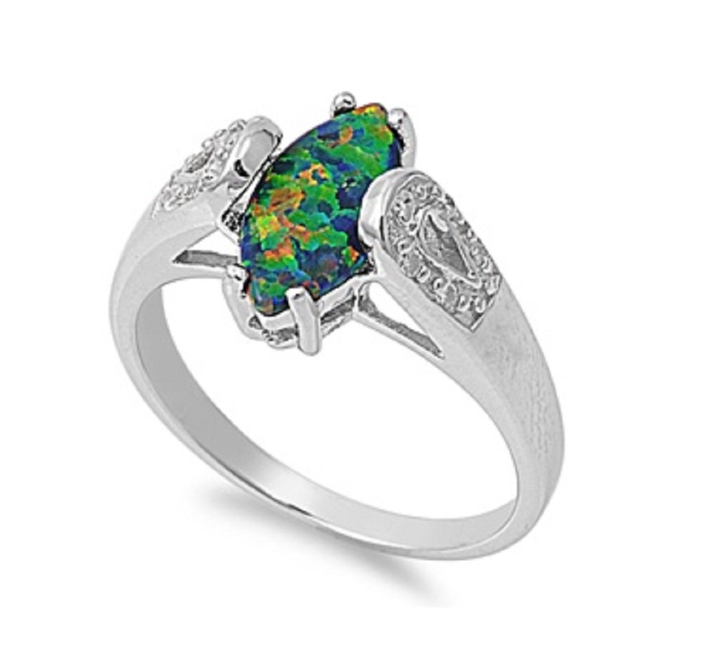 Marquise Center Black Simulated Opal Ring 925 Sterling Silver Size 7