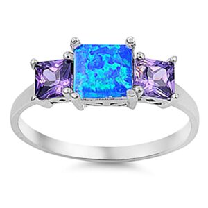 CloseoutWarehouse Three Princess Cut Simulated Amethyst Cubic Zirconia Blue Simulated Opal Ring 925 Sterling Silver Size 9