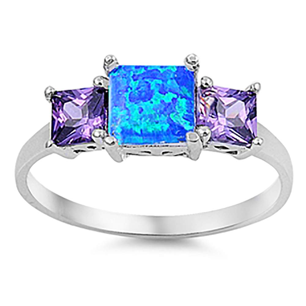 CloseoutWarehouse Three Princess Cut Simulated Amethyst Cubic Zirconia Blue Simulated Opal Ring 925 Sterling Silver Size 9