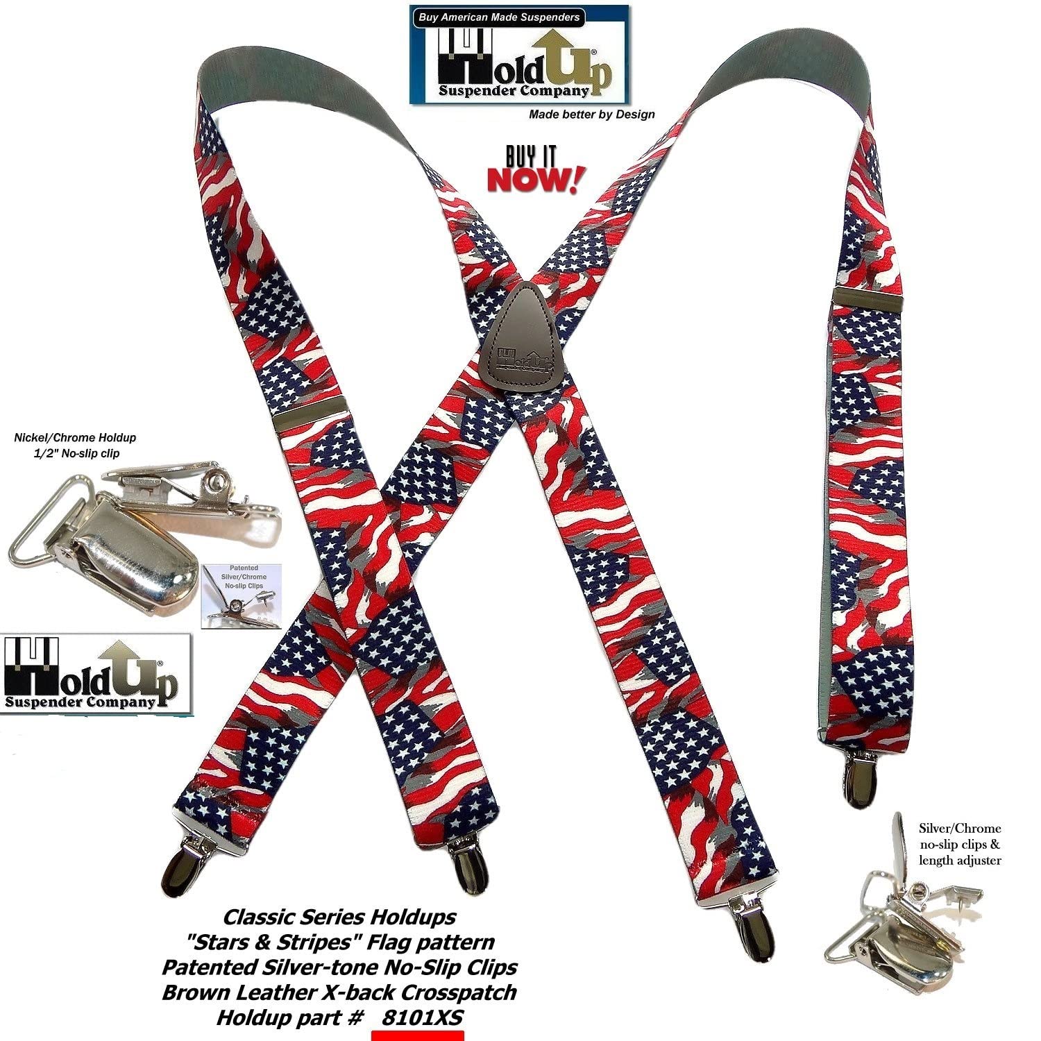 1 1/2" Wide Classic Series Stars & Stripes XS Holdups Suspenders for Men in X-back style w/USA Patented No-slip® Silver Clips