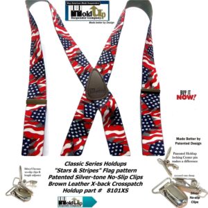 1 1/2" Wide Classic Series Stars & Stripes XS Holdups Suspenders for Men in X-back style w/USA Patented No-slip® Silver Clips