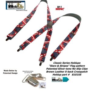 1 1/2" Wide Classic Series Stars & Stripes XS Holdups Suspenders for Men in X-back style w/USA Patented No-slip® Silver Clips