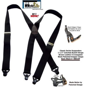 1 1/2" Wide Classic Series Holdups Suspenders for Men in X-back style w/USA Patented No-slip® Silver Clips (Black XS)