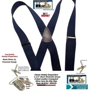 1 1/2" Wide Classic Series Holdups Suspenders for Men in X-back style w/USA Patented No-slip® Silver Clips (Black XS)