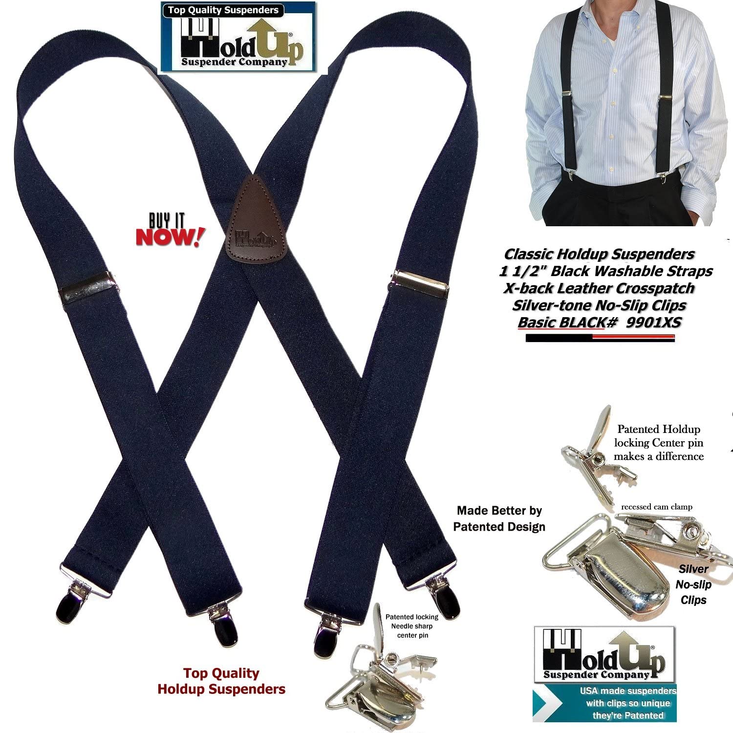 1 1/2" Wide Classic Series Holdups Suspenders for Men in X-back style w/USA Patented No-slip® Silver Clips (Black XS)