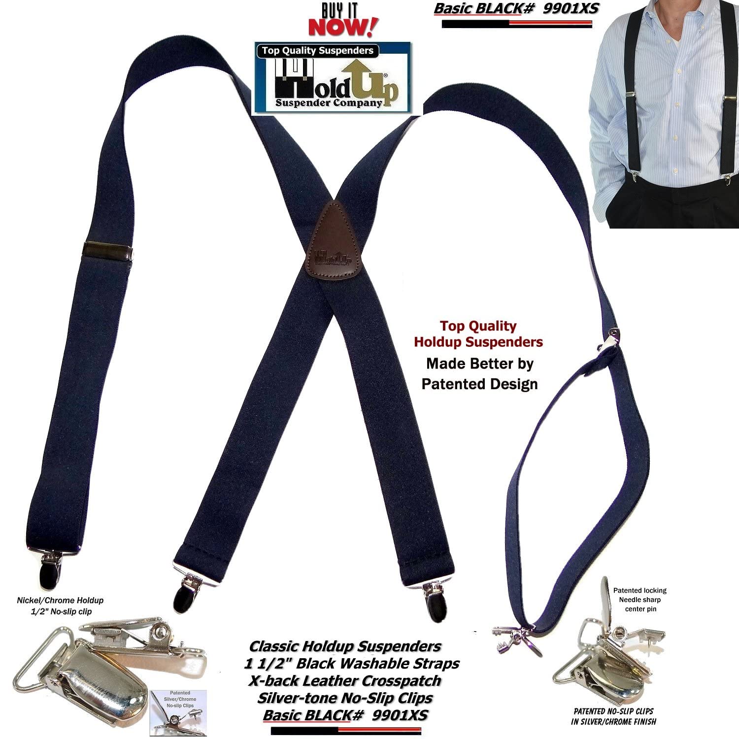 1 1/2" Wide Classic Series Holdups Suspenders for Men in X-back style w/USA Patented No-slip® Silver Clips (Black XS)