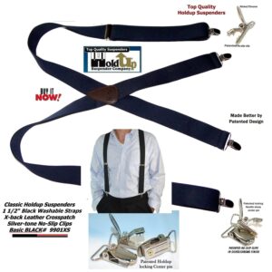 1 1/2" Wide Classic Series Holdups Suspenders for Men in X-back style w/USA Patented No-slip® Silver Clips (Black XS)