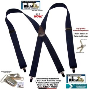 1 1/2" Wide Classic Series Holdups Suspenders for Men in X-back style w/USA Patented No-slip® Silver Clips (Black XS)