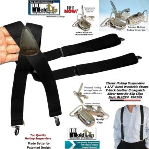 1 1/2" Wide Classic Series Holdups Suspenders for Men in X-back style w/USA Patented No-slip® Silver Clips (Black XS)