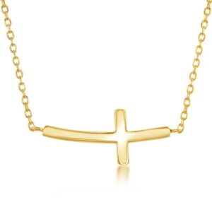 Beaux Bijoux 14k Gold Plated Silver Sideways Cross Necklace | Confirmation and Communion Gifts for Women | Gold Curved Cross Pendant for Women