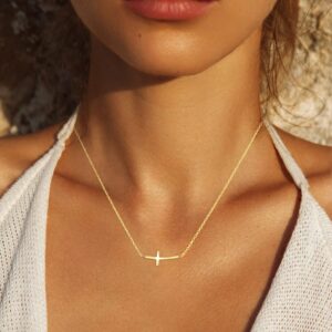 Beaux Bijoux 14k Gold Plated Silver Sideways Cross Necklace | Confirmation and Communion Gifts for Women | Gold Curved Cross Pendant for Women