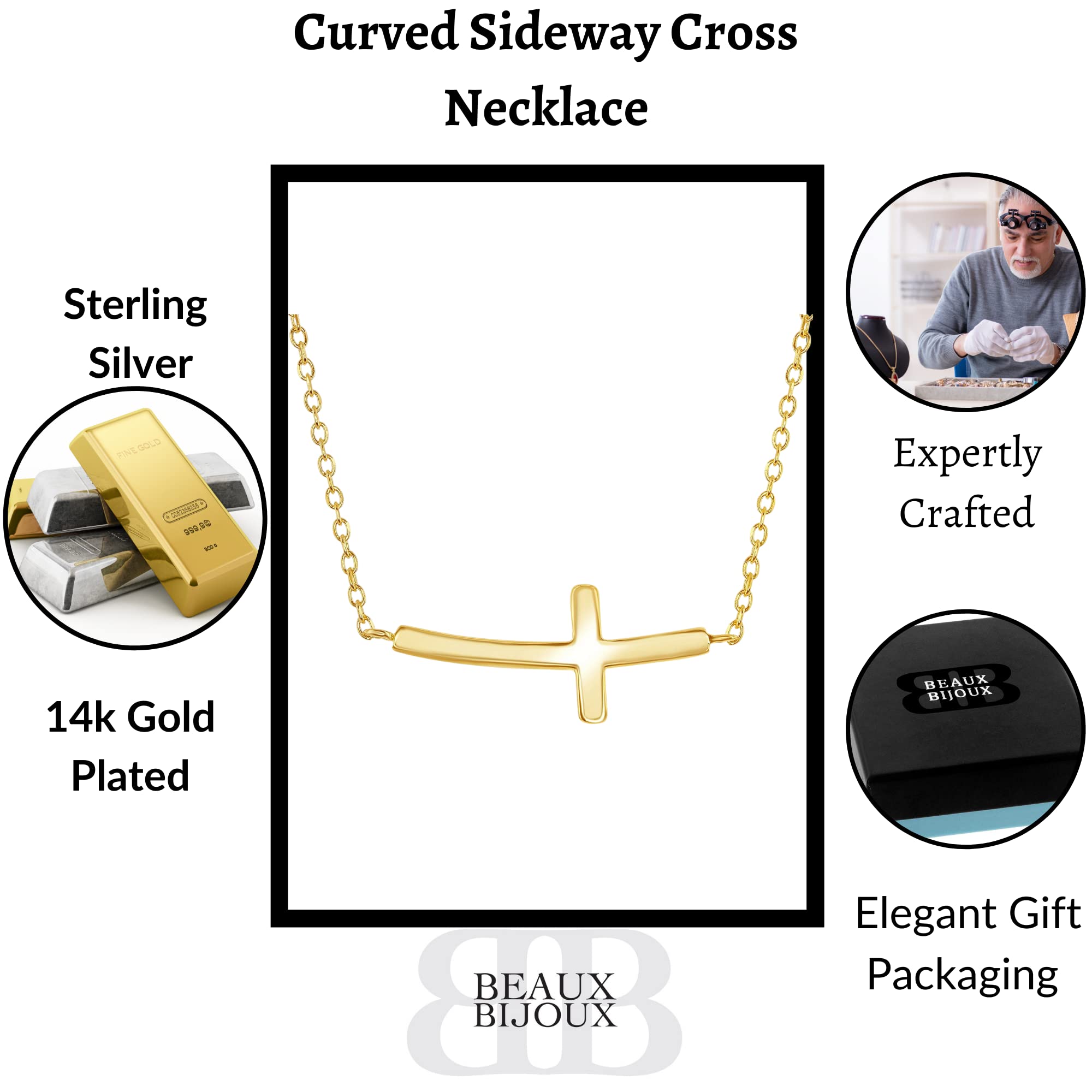 Beaux Bijoux 14k Gold Plated Silver Sideways Cross Necklace | Confirmation and Communion Gifts for Women | Gold Curved Cross Pendant for Women