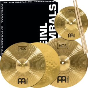 meinl cymbals hcs cymbal set box pack for drums with 13" hihats, 14" crash, plus free 10" splash, sticks, lessons — made in germany — durable brass, 2-year warranty, traditional finish (hcs1314