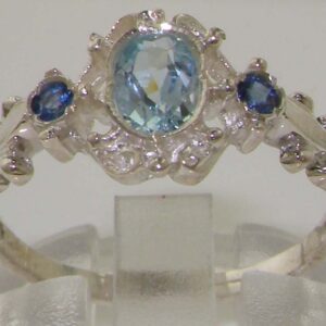 LetsBuyGold 925 Sterling Silver Real Genuine Aquamarine and Sapphire Womens Anniversary Ring - Size 8