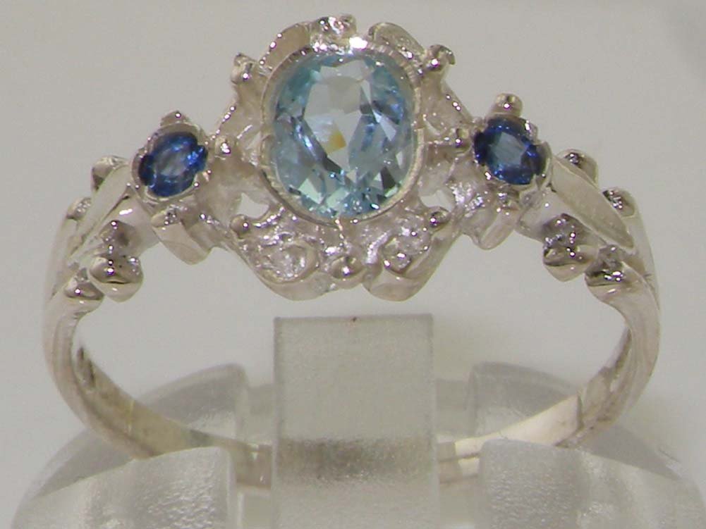 LetsBuyGold 925 Sterling Silver Real Genuine Aquamarine and Sapphire Womens Anniversary Ring - Size 8