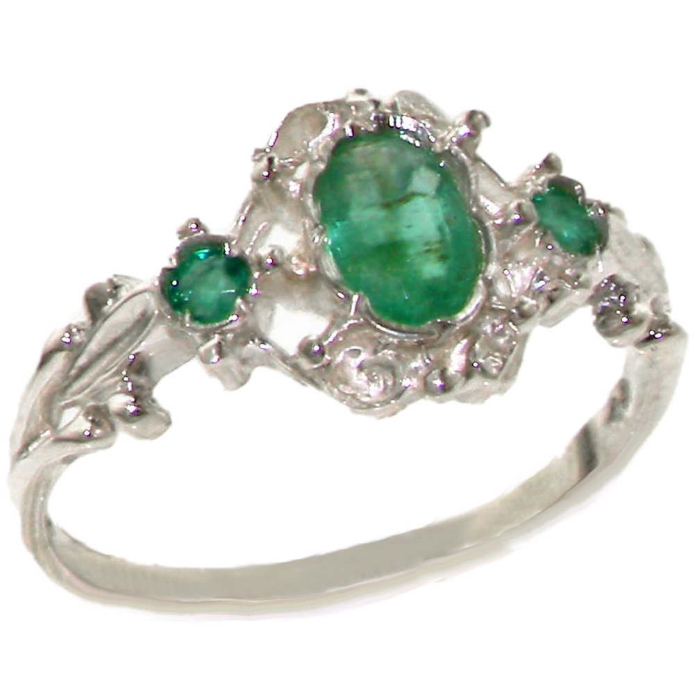 LetsBuyGold 925 Sterling Silver Real Genuine Emerald Womens Trilogy Engagement Ring - Size 6