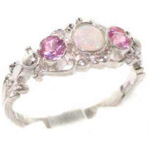 LetsBuyGold 925 Sterling Silver Natural Opal and Pink Tourmaline Vintage Anniversary Ring - Size 5.25