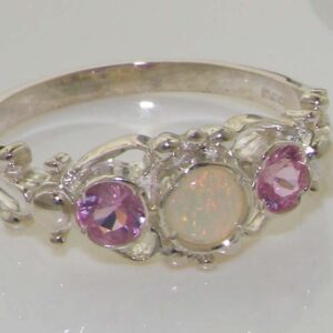 LetsBuyGold 925 Sterling Silver Natural Opal and Pink Tourmaline Vintage Anniversary Ring - Size 5.25