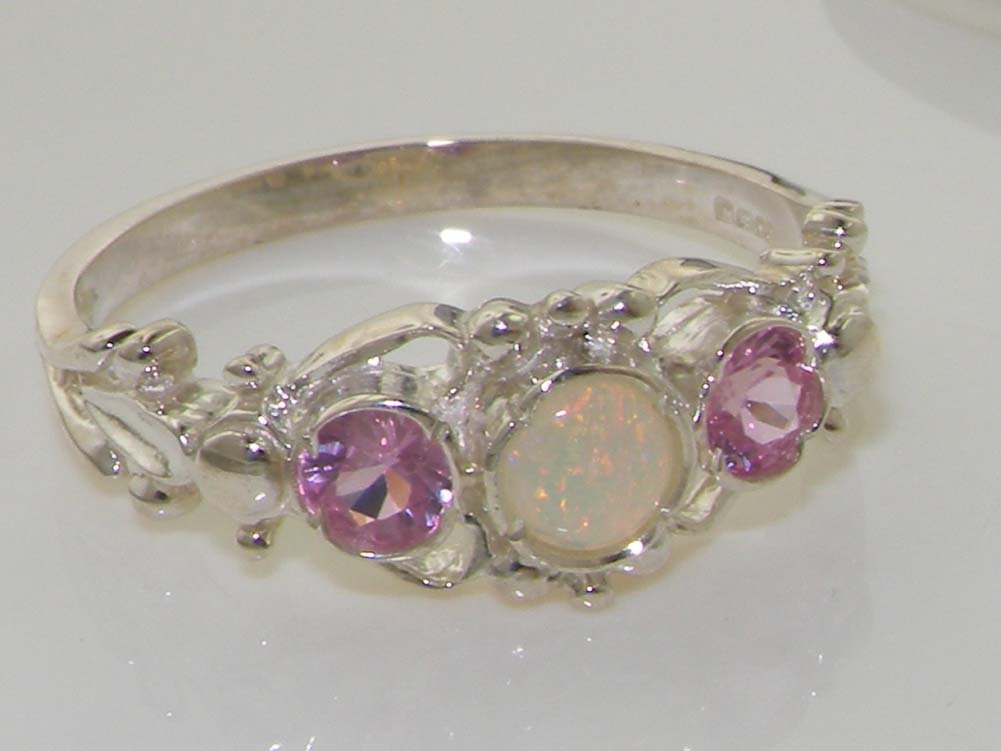 LetsBuyGold 925 Sterling Silver Natural Opal and Pink Tourmaline Vintage Anniversary Ring - Size 5.25