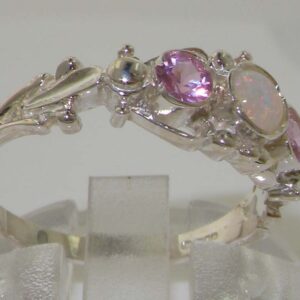 LetsBuyGold 925 Sterling Silver Natural Opal and Pink Tourmaline Vintage Anniversary Ring - Size 5.25