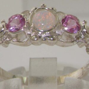 LetsBuyGold 925 Sterling Silver Real Genuine Opal and Pink Tourmaline Womens Trilogy Engagement Ring - Size 6