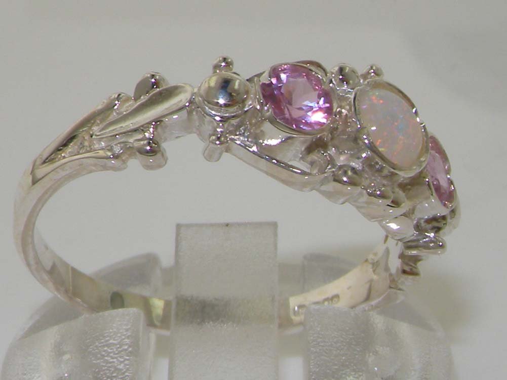 LetsBuyGold 925 Sterling Silver Real Genuine Opal and Pink Tourmaline Womens Trilogy Engagement Ring - Size 6