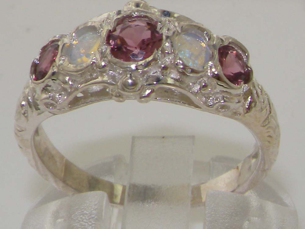 LetsBuyGold 925 Sterling Silver Natural Pink Tourmaline and Opal Womens Band Ring - Sizes 4 to 12 Available