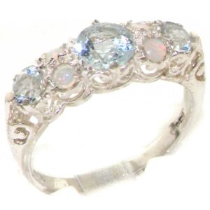 LetsBuyGold 925 Sterling Silver Natural Aquamarine and Opal Womens Band Ring - Sizes 4 to 12 Available