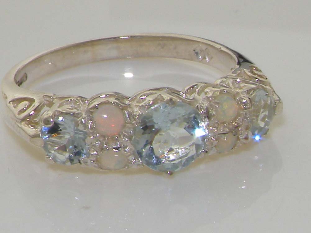 LetsBuyGold 925 Sterling Silver Natural Aquamarine and Opal Womens Band Ring - Sizes 4 to 12 Available