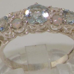 LetsBuyGold 925 Sterling Silver Natural Aquamarine and Opal Womens Band Ring - Sizes 4 to 12 Available