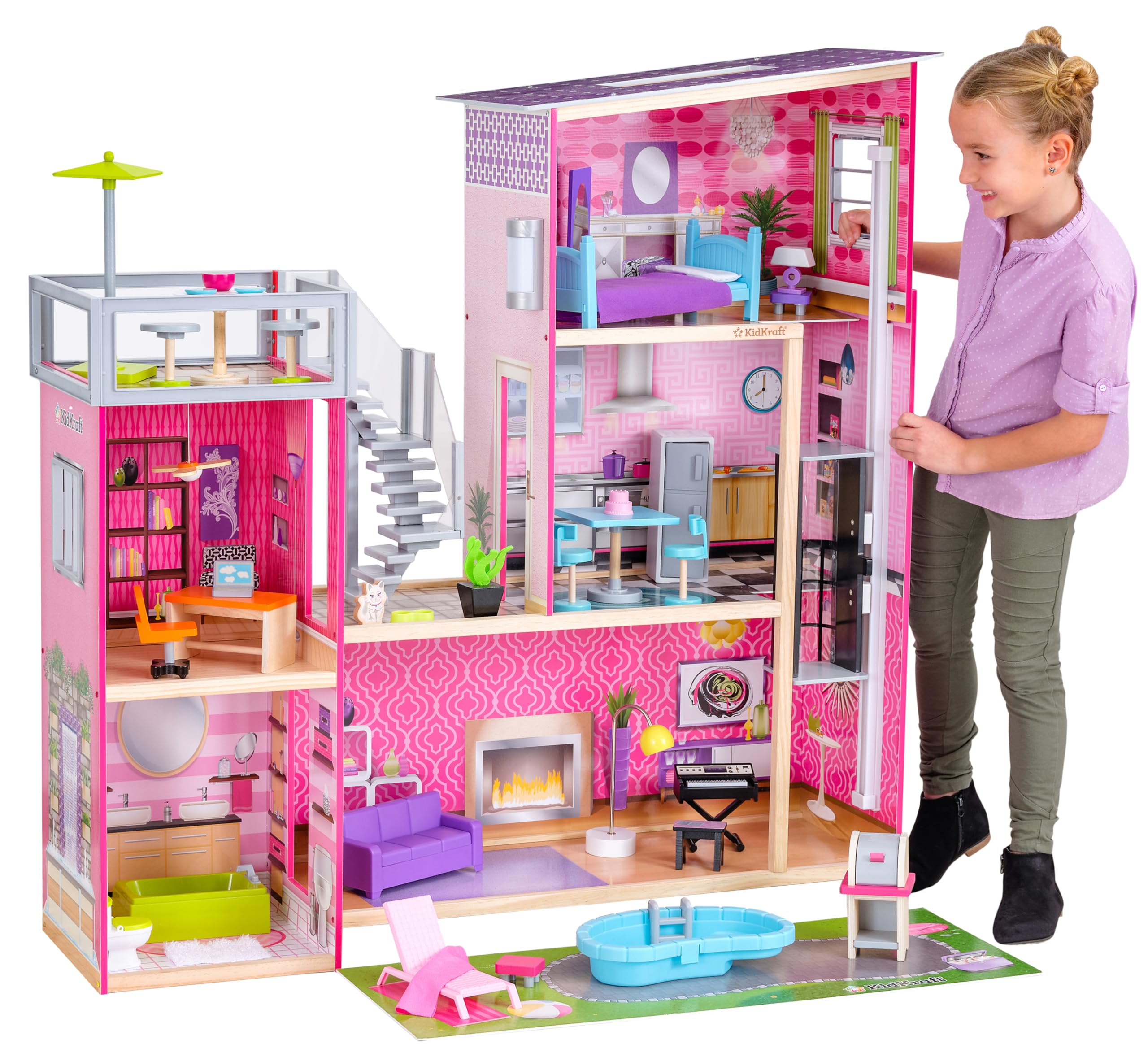 KidKraft Uptown Wooden Modern Dollhouse with Lights & Sounds, Pool and 36 Accessories