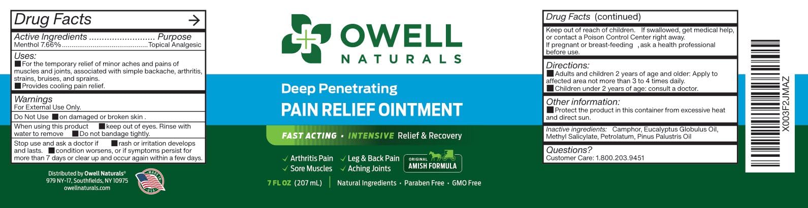 OWELL NATURALS Pain Relief Ointment - 7 oz - Maximum Strength All Natural Discomfort Reliever for Joint, Muscle, Knee, Back, Neuropathy - 5 Powerful Ingredients