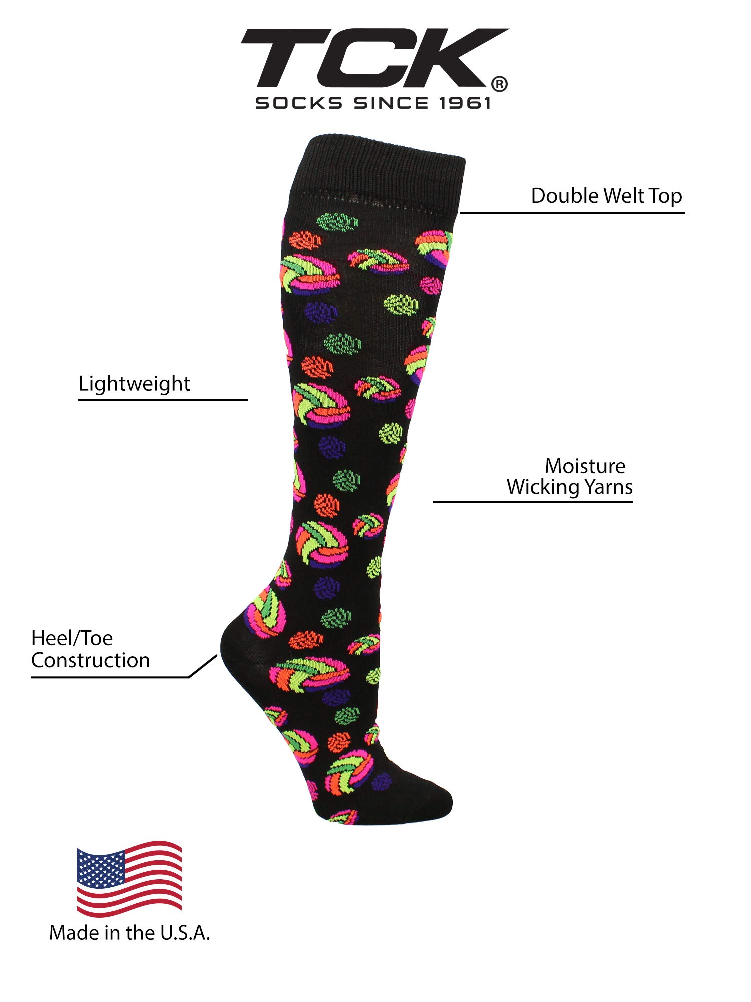 TCK Krazisox Neon Volleyball Logo Socks (Multi, Medium)