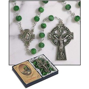 CB Green Celtic Rosary with Miraculous Medal Centerpiece Saint Patrick Blessing Prayer Card