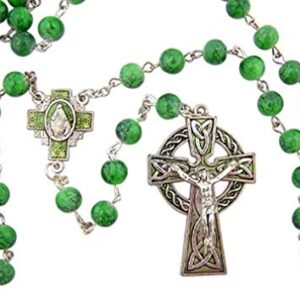 CB Green Celtic Rosary with Miraculous Medal Centerpiece Saint Patrick Blessing Prayer Card