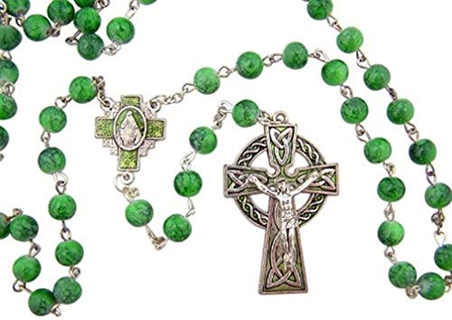 CB Green Celtic Rosary with Miraculous Medal Centerpiece Saint Patrick Blessing Prayer Card