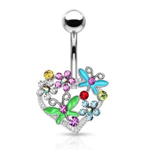 Forbidden Body Jewelry Surgical Steel Butterfly and Flower Heart Jeweled Belly Button Ring