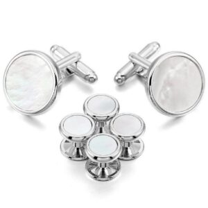 mens silver and white mother of pearl tuxedo cufflinks studs formal set with travel presentation gift box