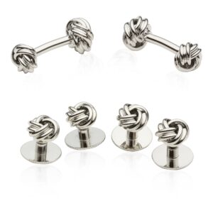 classic silver knot cufflinks & studs set tuxedo shirt formal set for wedding groomsmen groom with travel presentation gift box