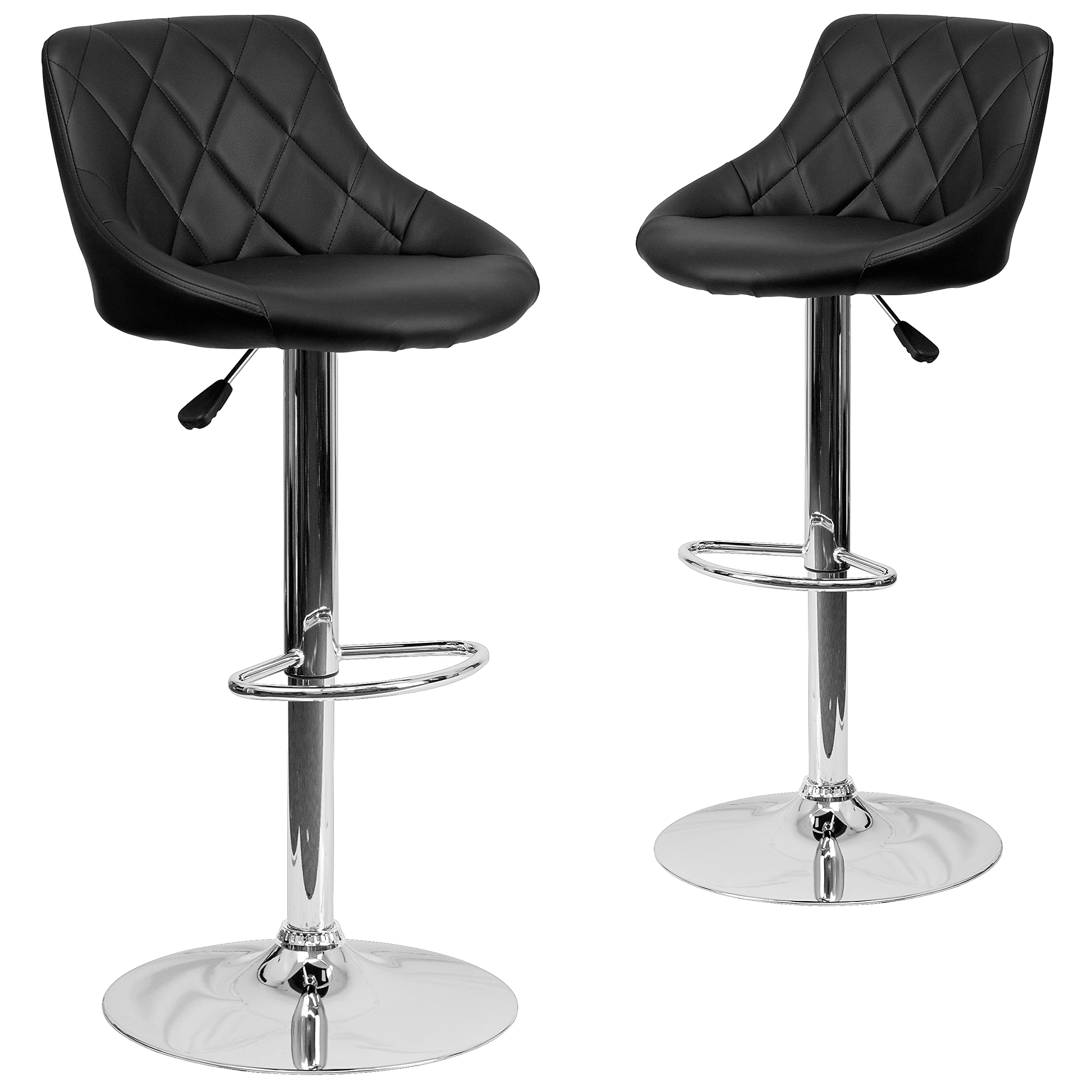 Flash Furniture Caldwell 2 Pack Contemporary Black Vinyl Bucket Seat Adjustable Height Barstool with Diamond Pattern Back and Chrome Base