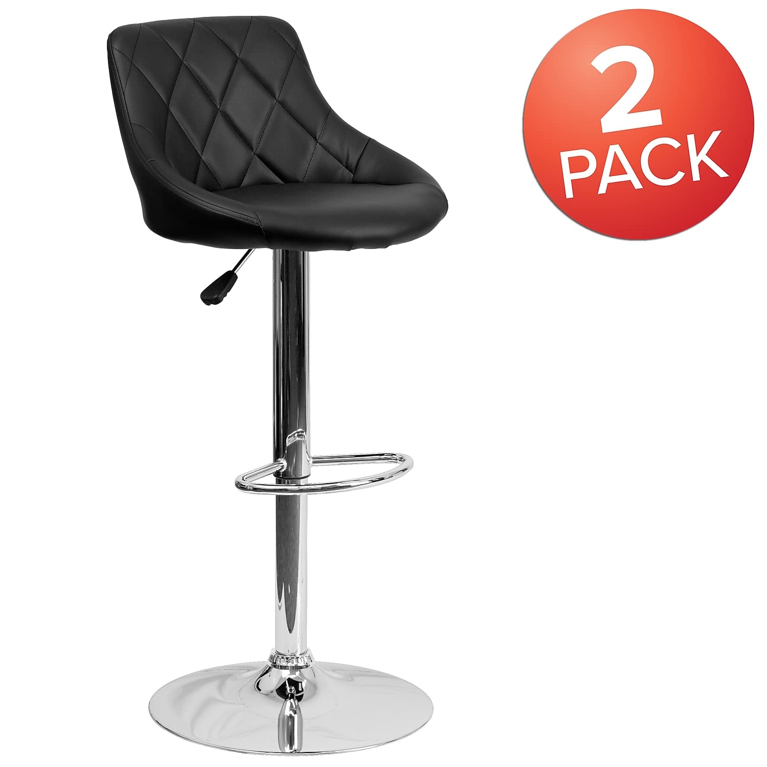 Flash Furniture Caldwell 2 Pack Contemporary Black Vinyl Bucket Seat Adjustable Height Barstool with Diamond Pattern Back and Chrome Base